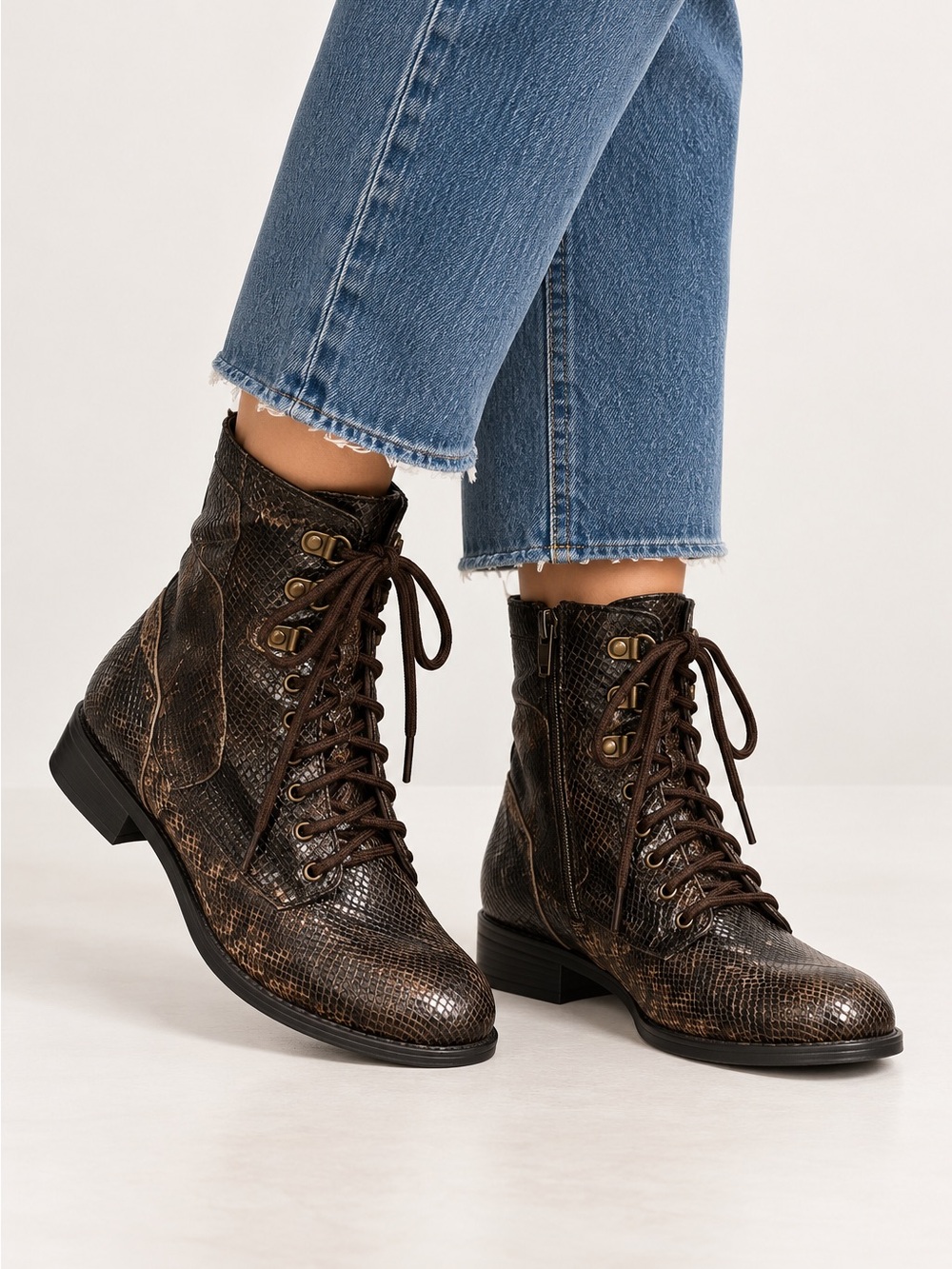 NEW Brown Snakeskin Print Lace Up Ankle Boots Combat Moto Boho